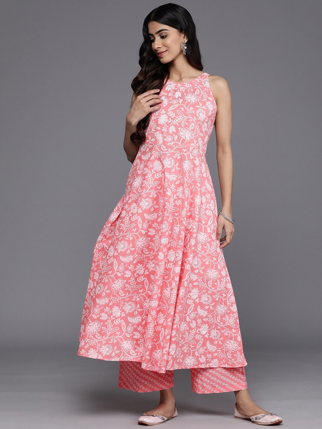 

KALINI Floral Printed Pure Cotton Kurta with Trousers, Peach