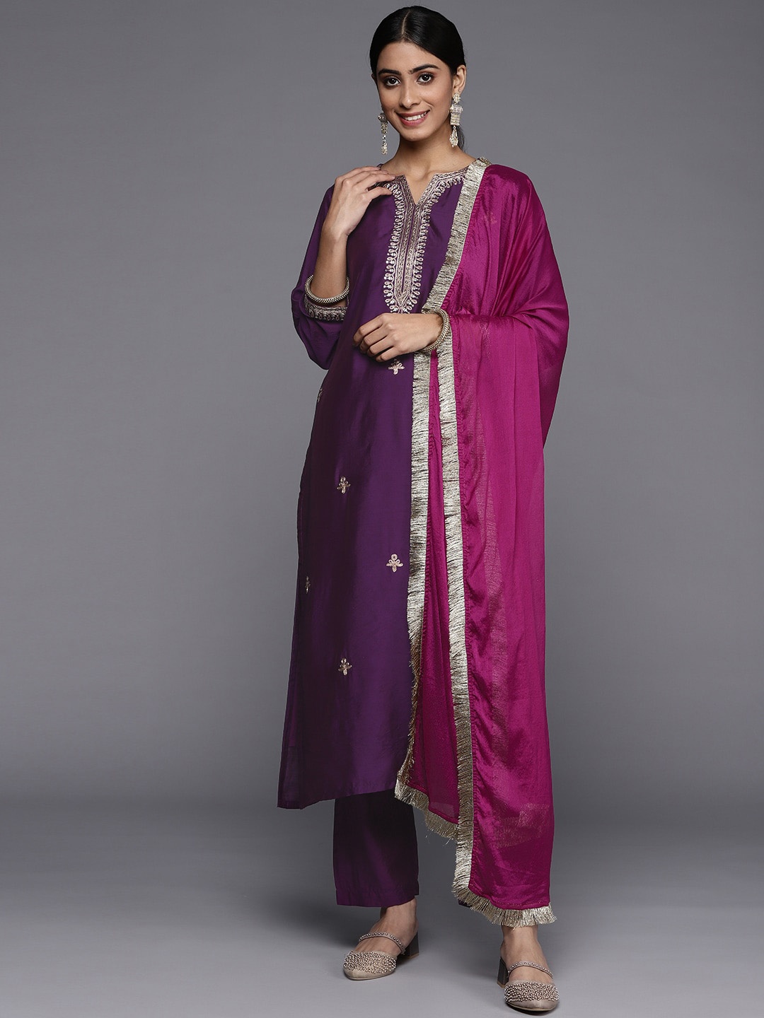 

KALINI Ethnic Motifs Embroidered Kurta with Trousers & With Dupatta, Purple