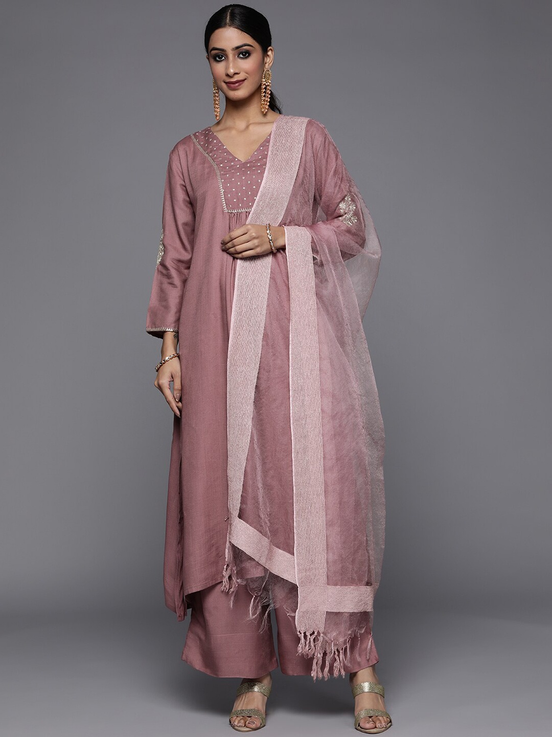 

KALINI Floral Yoke Design A-Line Kurta with Palazzos & With Dupatta, Mauve