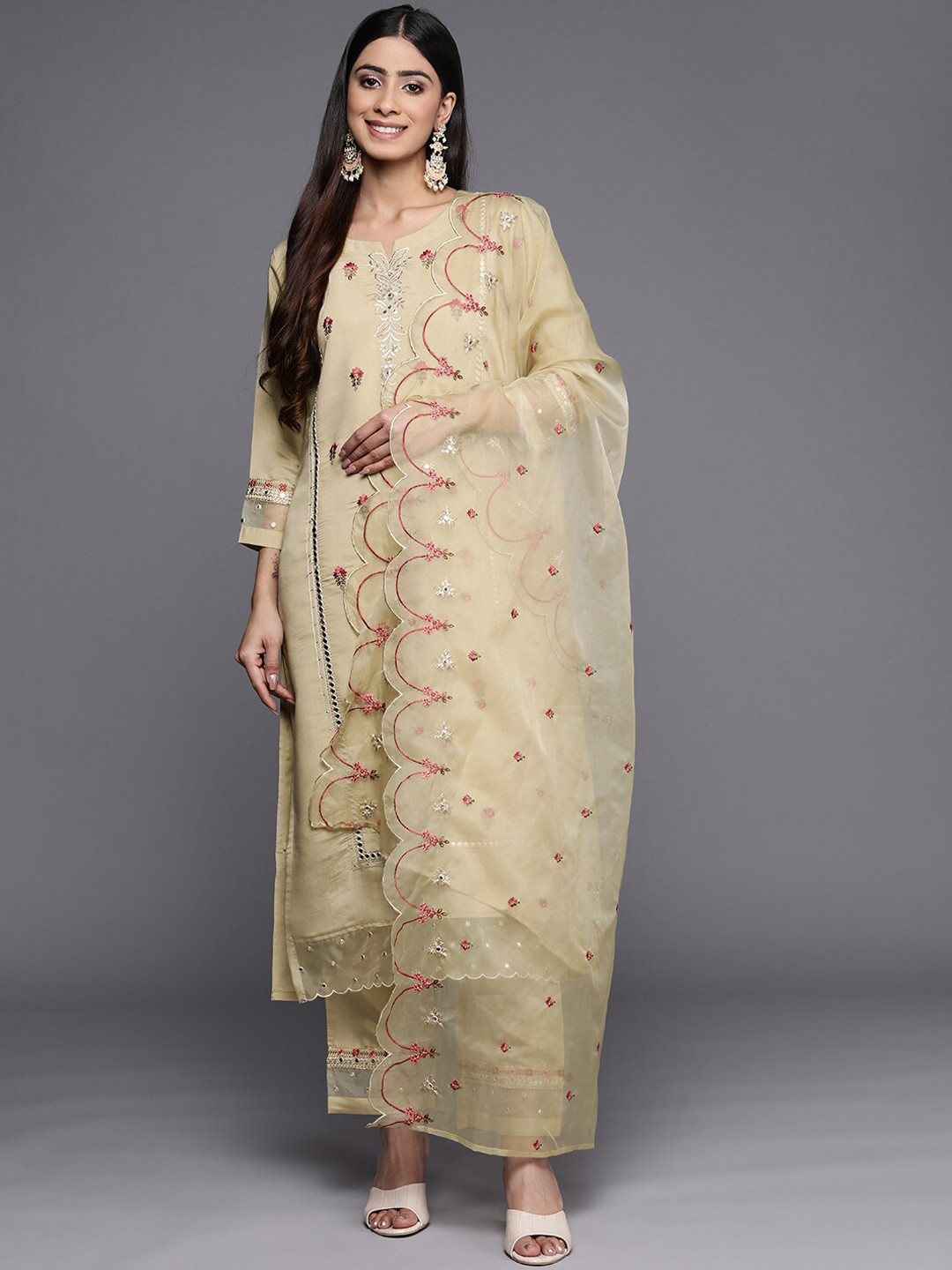 

KALINI Ethnic Motifs Embroidered Thread Work Kurta with Trousers & With Dupatta, Beige