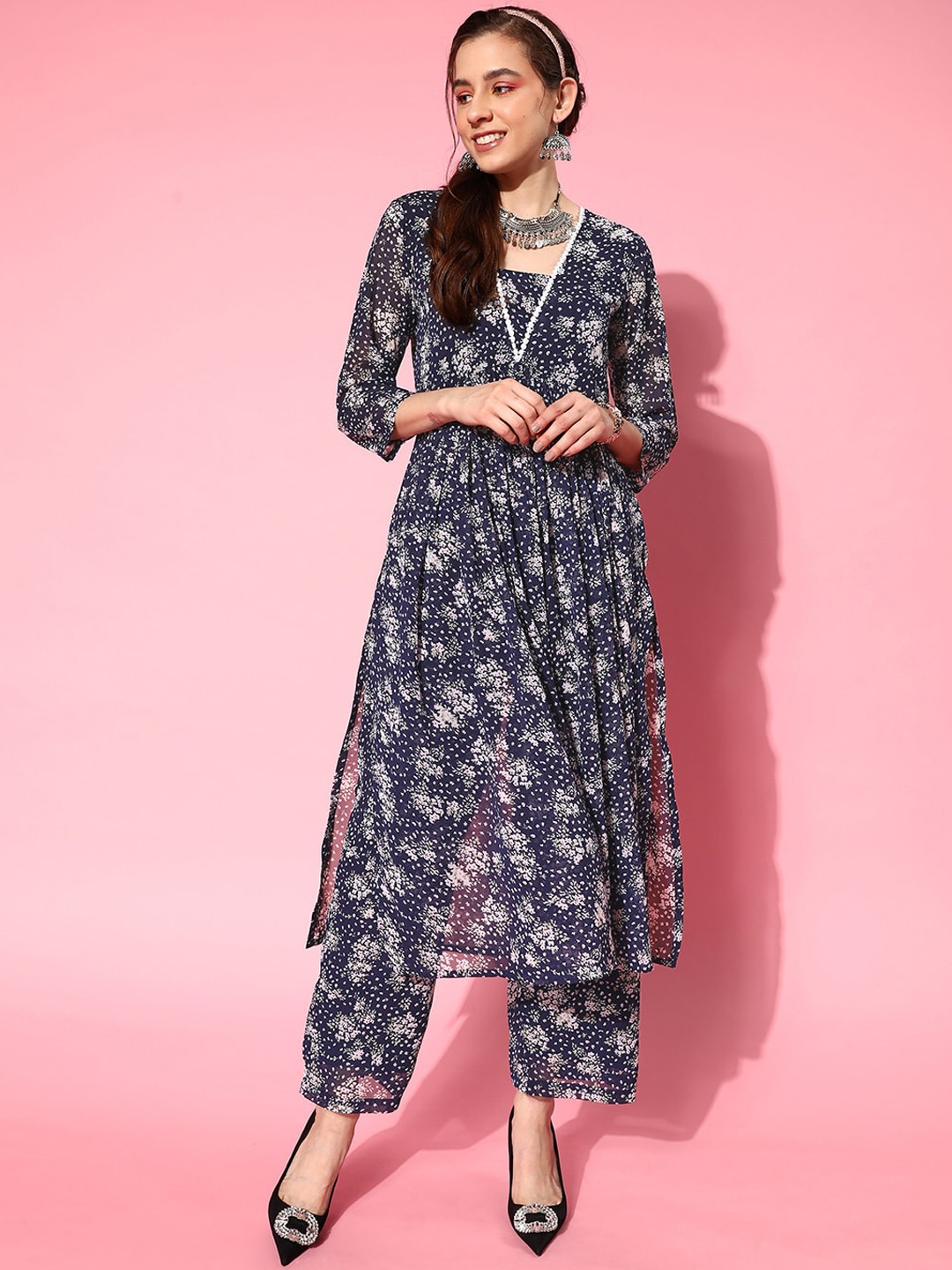 

KALINI Floral Printed Kurta with Trousers, Navy blue