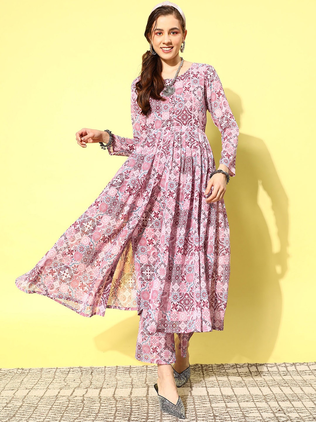 

KALINI Ethnic Motifs Printed Silk Georgette Panelled A-Line Kurta with Trousers, Pink