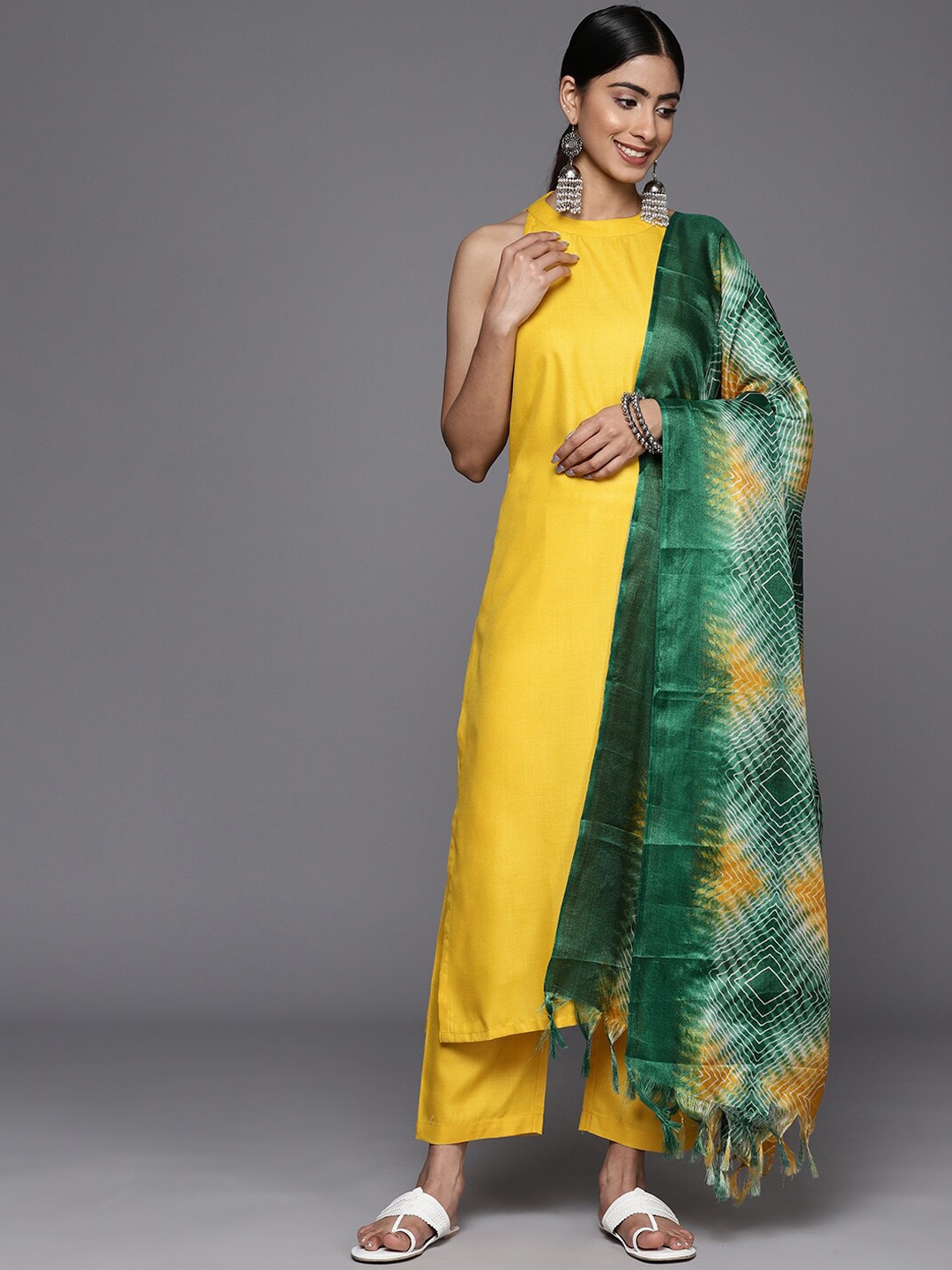 

KALINI High Neck Pure Cotton Kurta with Trousers & Dupatta, Yellow