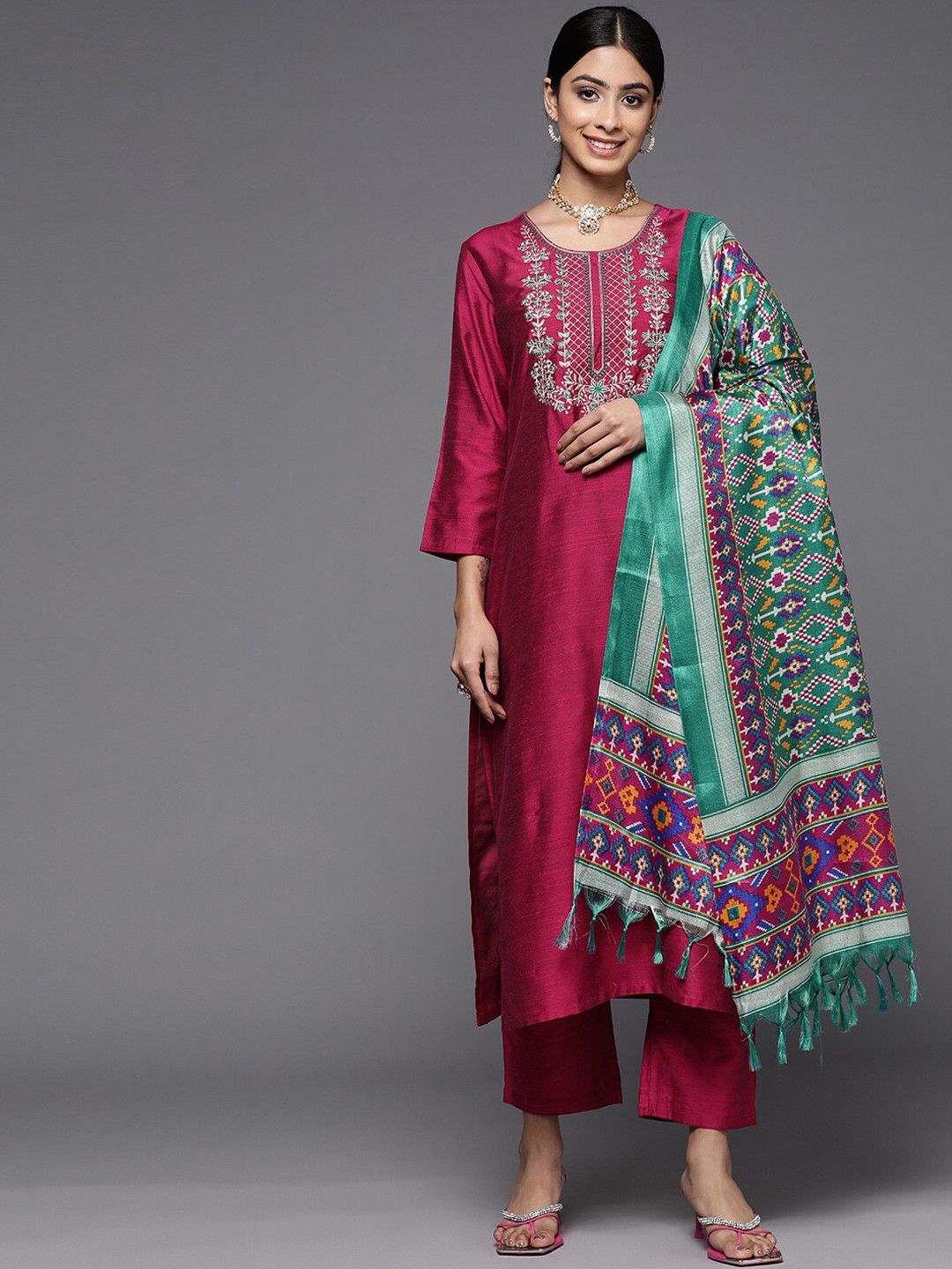 

KALINI Floral Embroidered Dupion Silk Kurta with Trousers & Dupatta, Pink