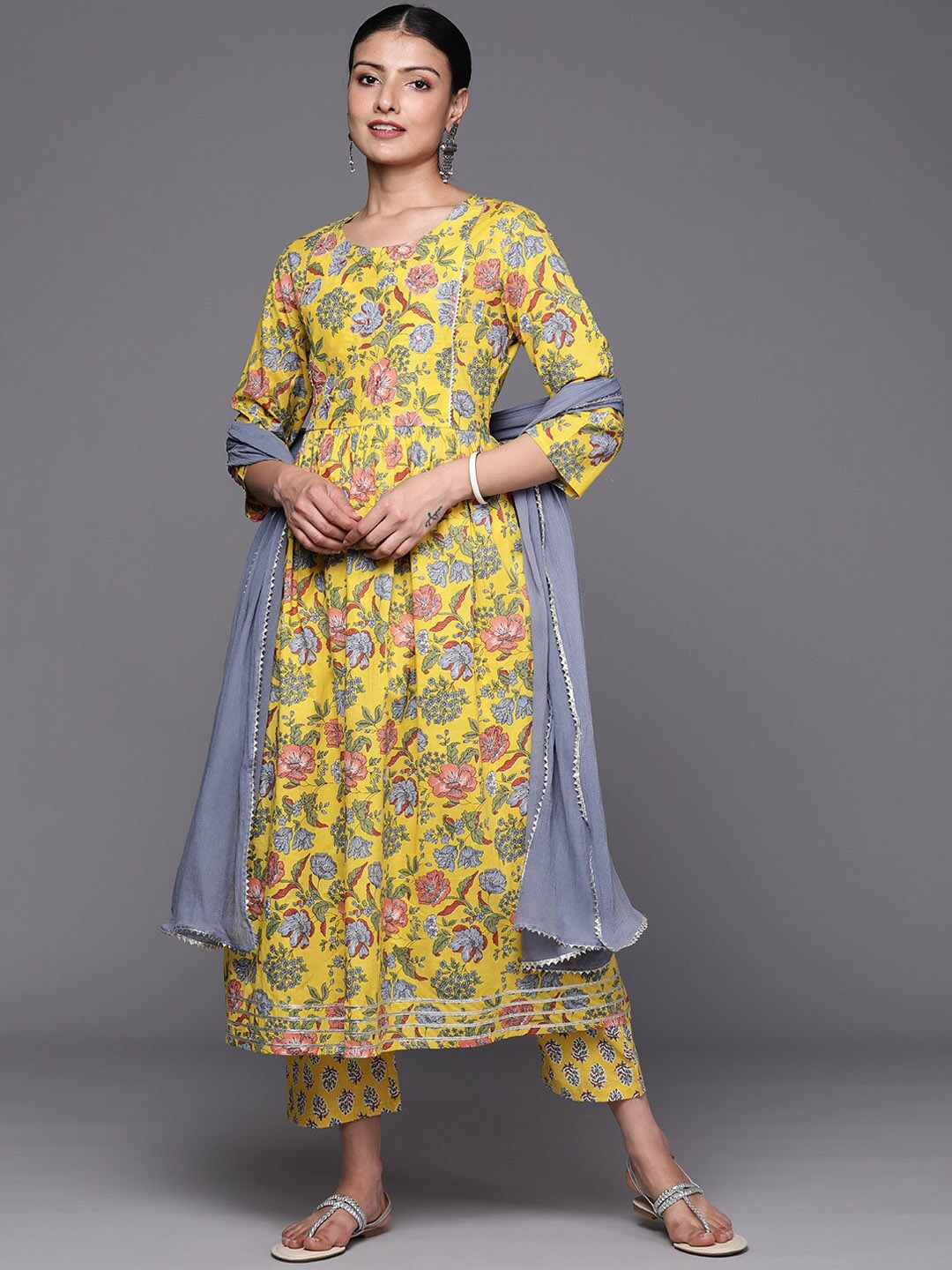 

KALINI Floral Printed Pure Cotton Kurta with Trousers & Dupatta, Yellow