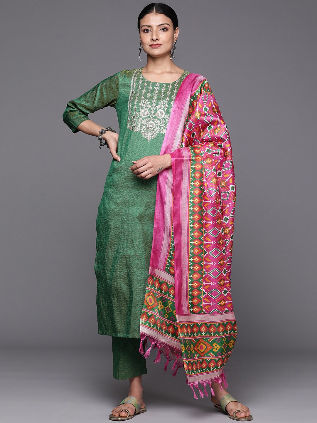

KALINI Floral Embroidered Straight Kurta with Trousers & Dupatta, Green
