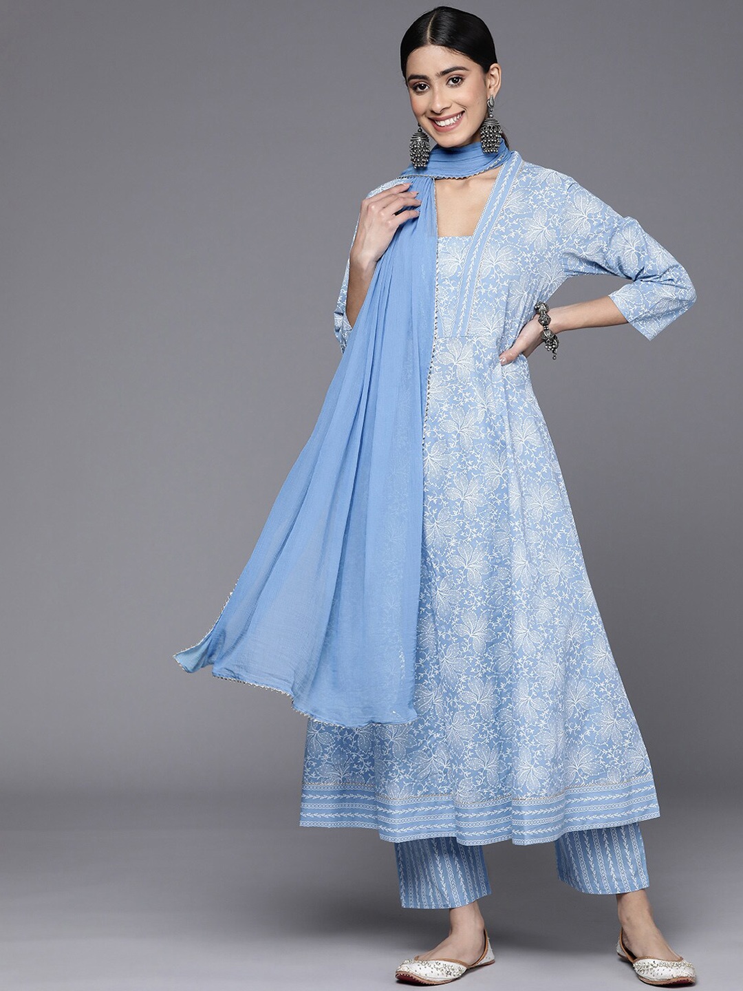 

KALINI Floral Printed Gotta Patti Pure Cotton Kurta with Trousers & Dupatta, Blue