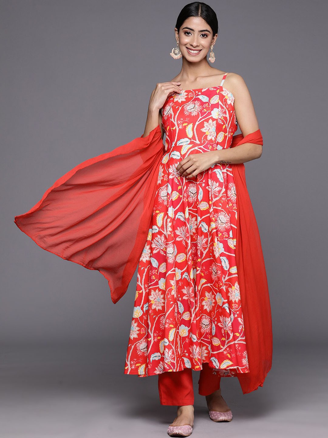 

KALINI Floral Printed Shoulder Straps Anarkali Kurta with Trousers & Dupatta, Red
