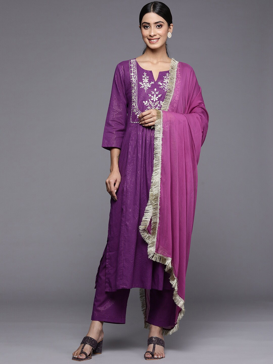 

KALINI Ethnic Motifs Yoke Design Thread Work Pure Cotton Kurta With Trousers & Dupatta, Purple