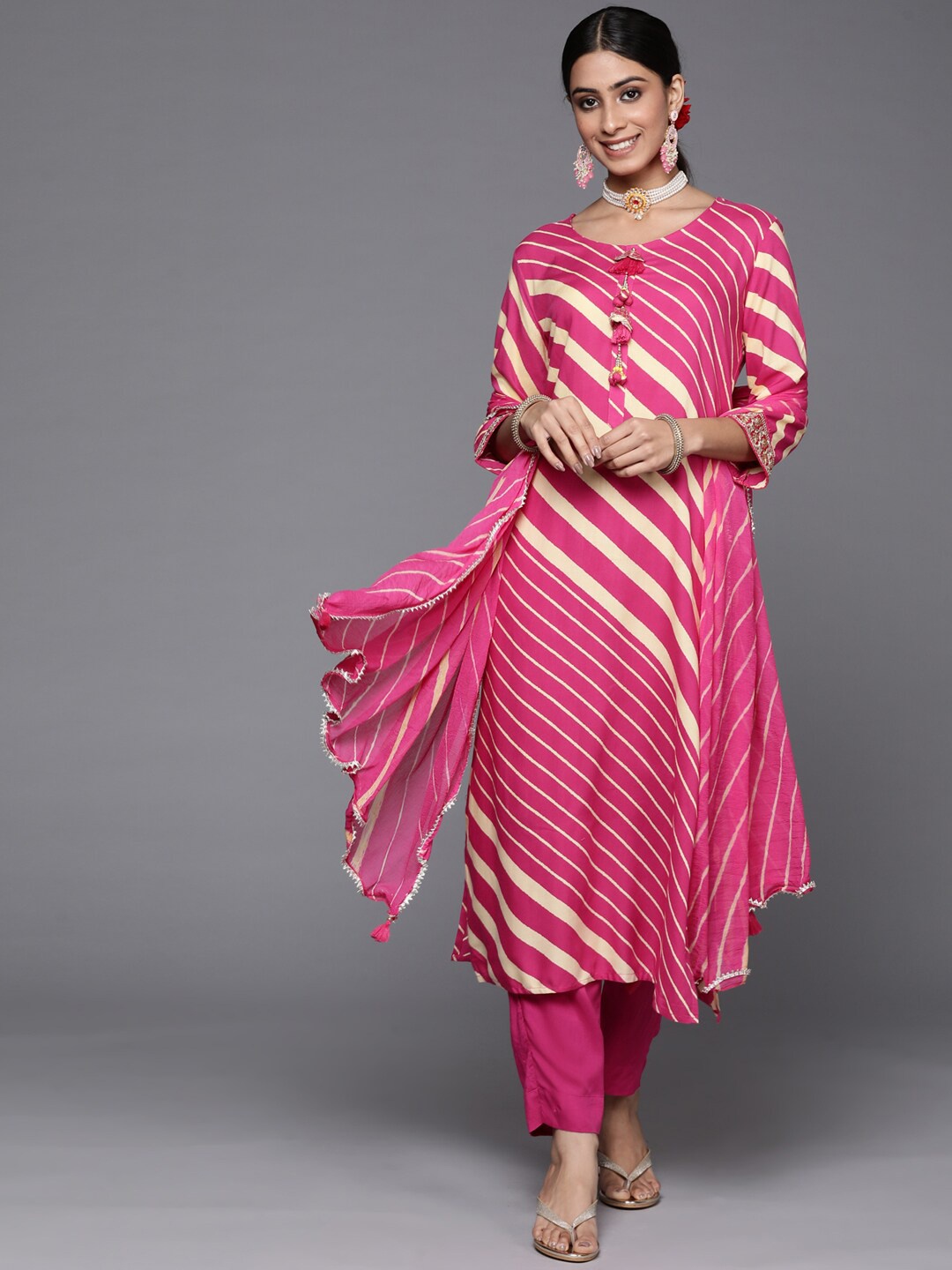 

KALINI Leheriya Printed V-Neck Regular Kurta With Trousers & Dupatta, Fuchsia