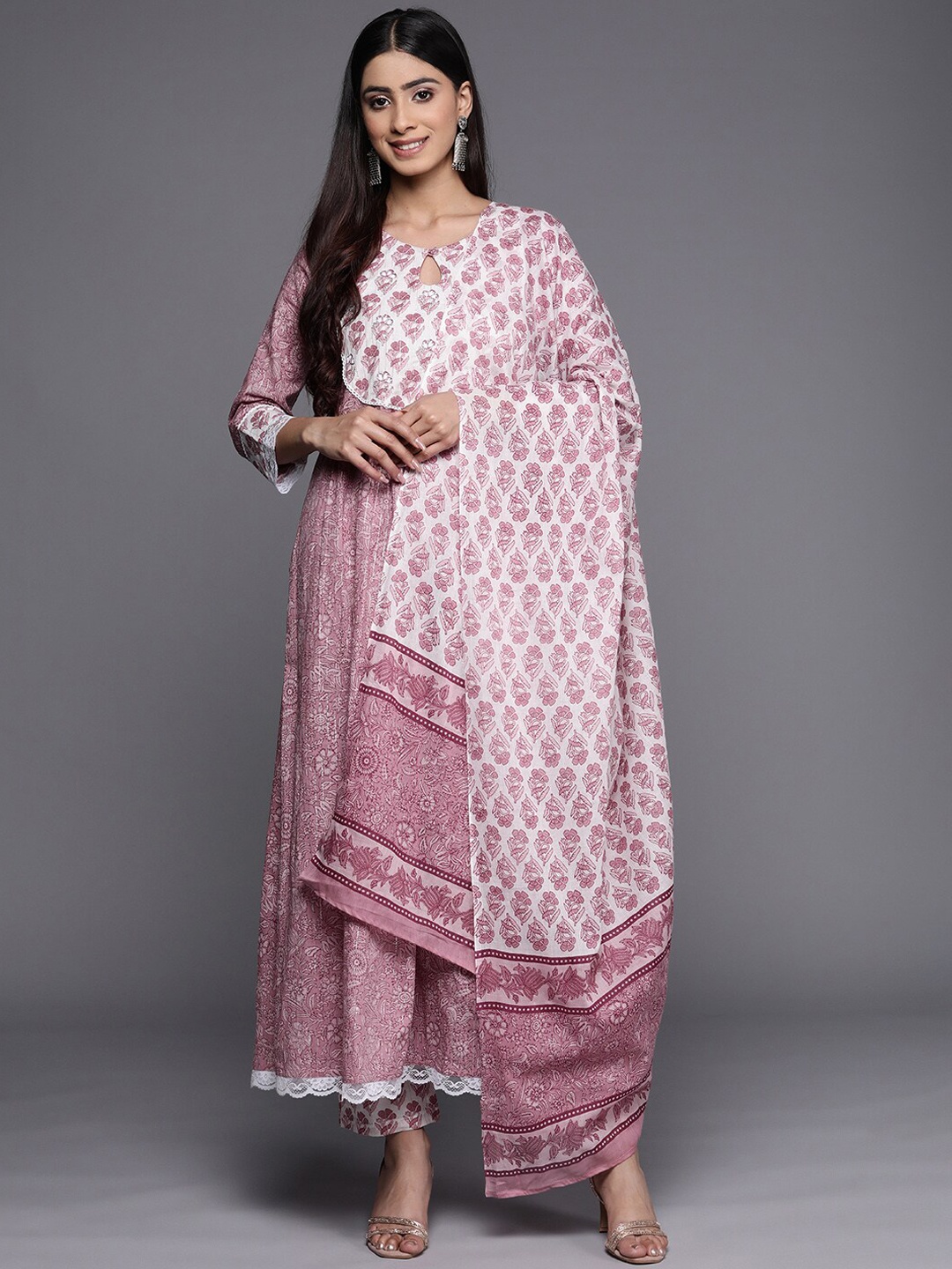 

KALINI Ethnic Motifs Printed Pure Cotton Kurta With Trousers & With Dupatta, Mauve