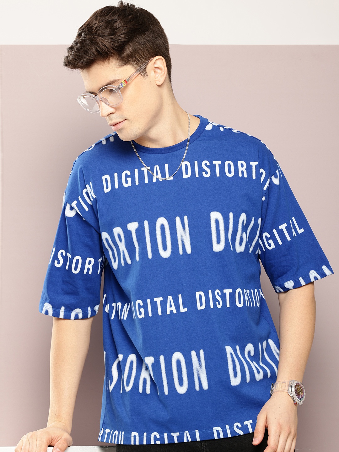 

Kook N Keech Typography Printed Drop-Shoulder Sleeves Pure Cotton Oversized T-shirt, Blue