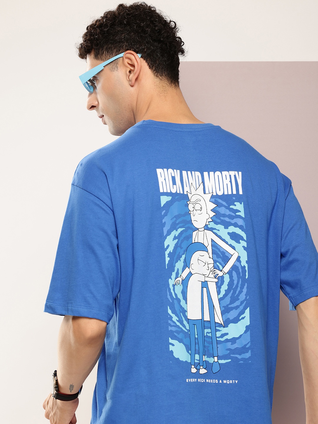 

Kook N Keech Pure Cotton Graphic Printed Drop-Shoulder Sleeves Oversized T-shirt, Blue
