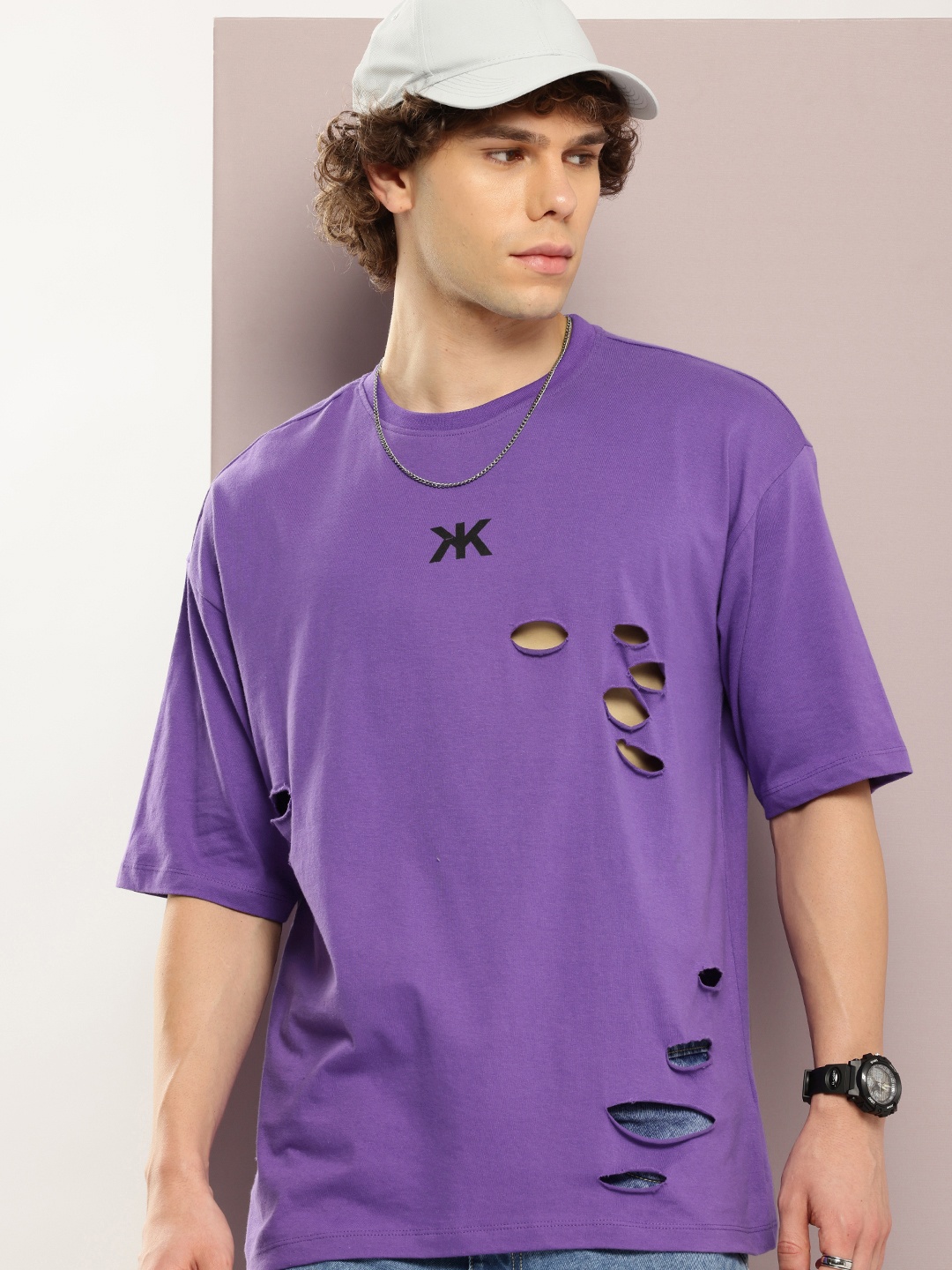 

Kook N Keech Drop-Shoulder Sleeves Cut Outs Pure Cotton Oversized T-shirt, Purple