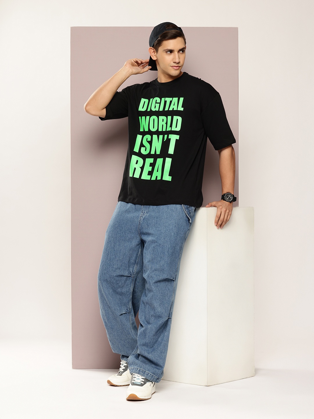 

Kook N Keech Pure Cotton Typography Printed Drop-Shoulder Sleeves Oversized T-shirt, Black