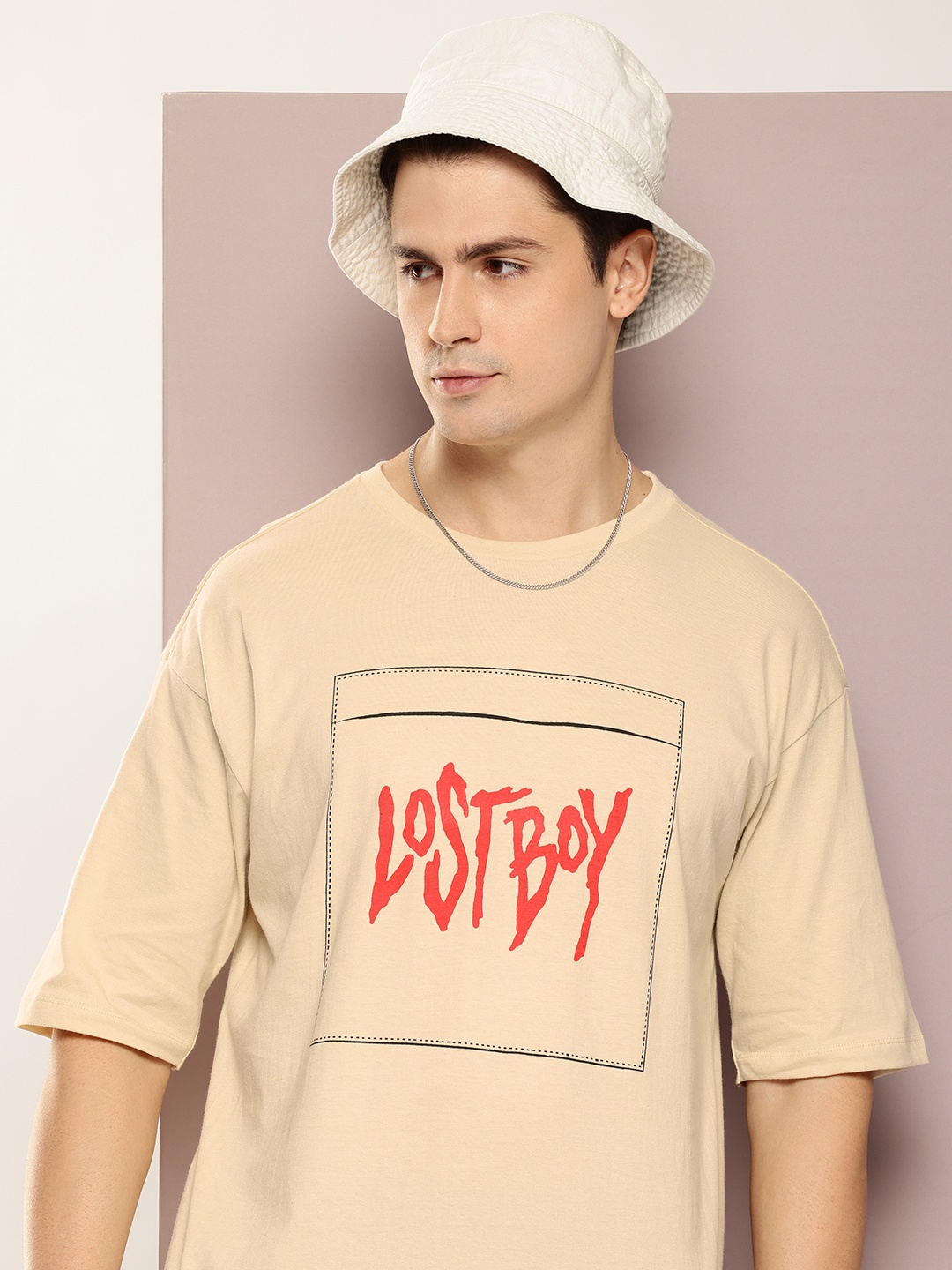 

Kook N Keech Printed Drop-Shoulder Sleeves Pure Cotton Oversized T-shirt, Beige
