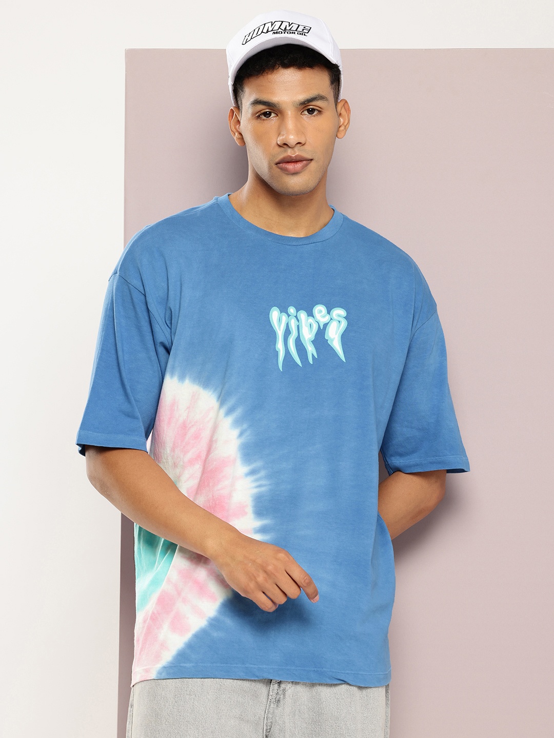 

Kook N Keech Tie and Dye Drop-Shoulder Sleeves Pure Cotton Oversized T-shirt, Blue