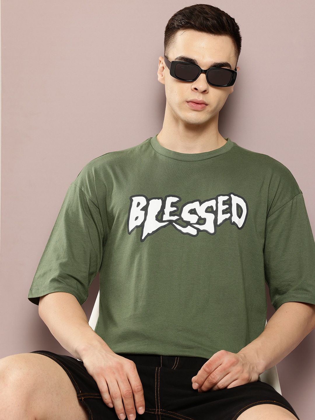 

Kook N Keech Printed Drop-Shoulder Sleeves Pure Cotton Oversized T-shirt, Olive