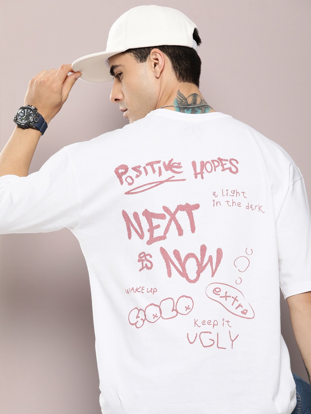 

Kook N Keech Pure Cotton Typography Printed Drop-Shoulder Sleeves Oversized T-shirt, White