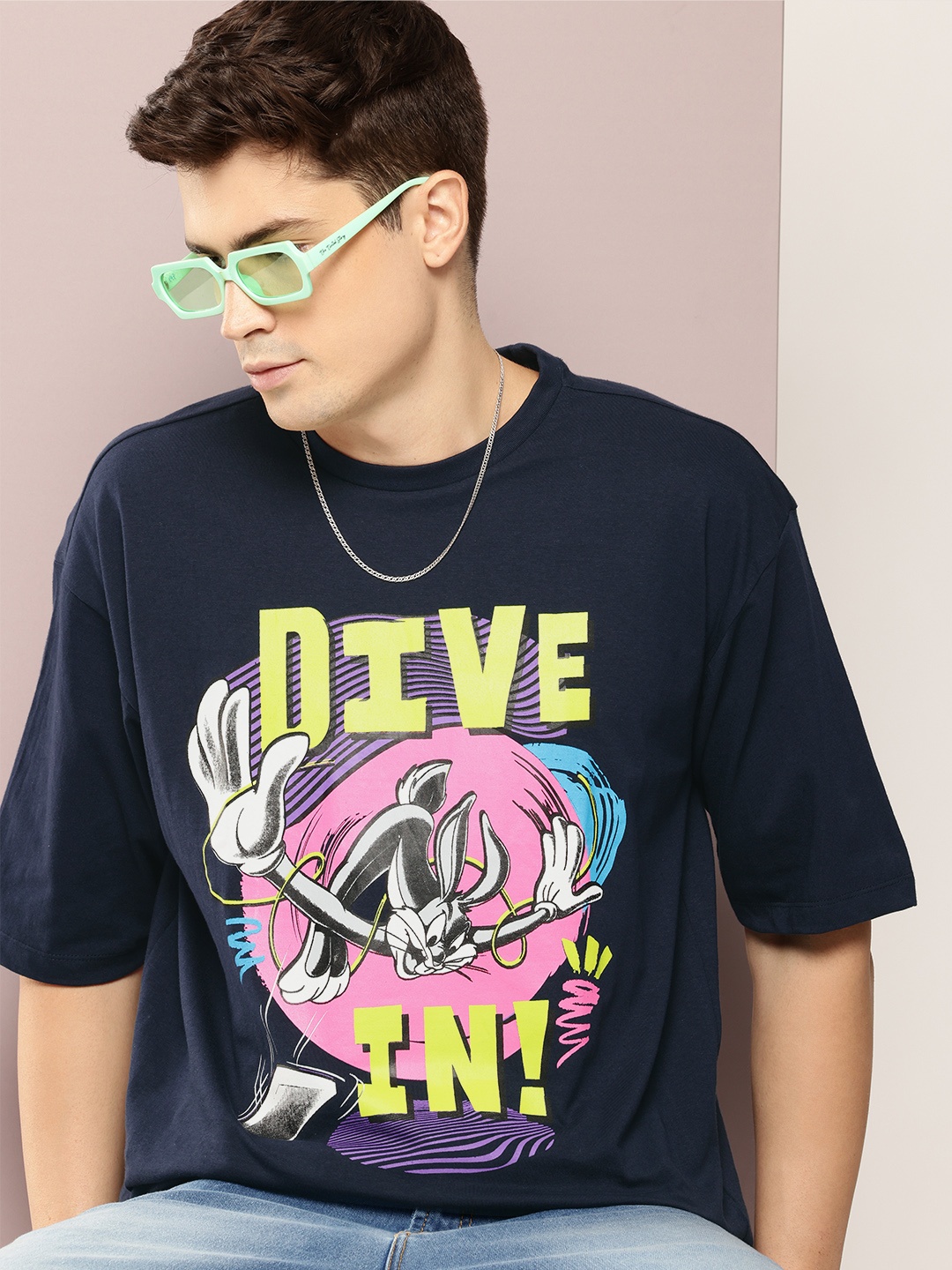 

Kook N Keech Looney Tunes Printed Pure Cotton Drop-Shoulder Sleeves Oversized T-shirt, Navy blue