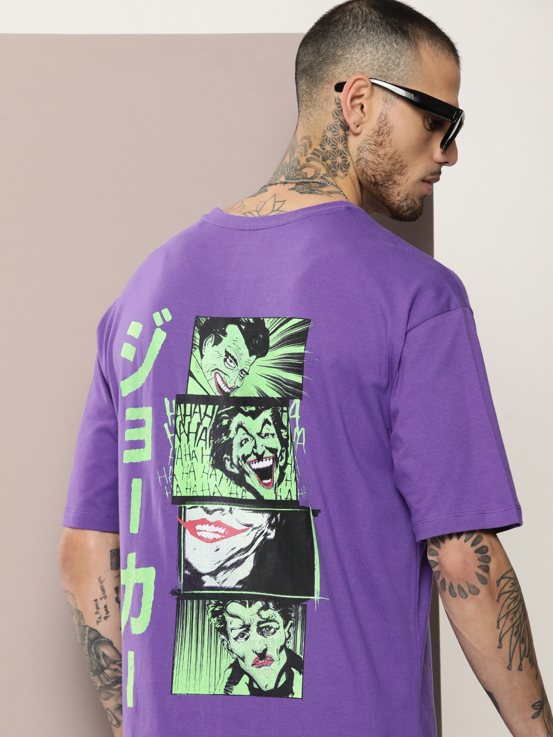 

Kook N Keech Batman Joker Printed Drop-Shoulder Sleeves Pure Cotton Oversize T-shirt, Purple