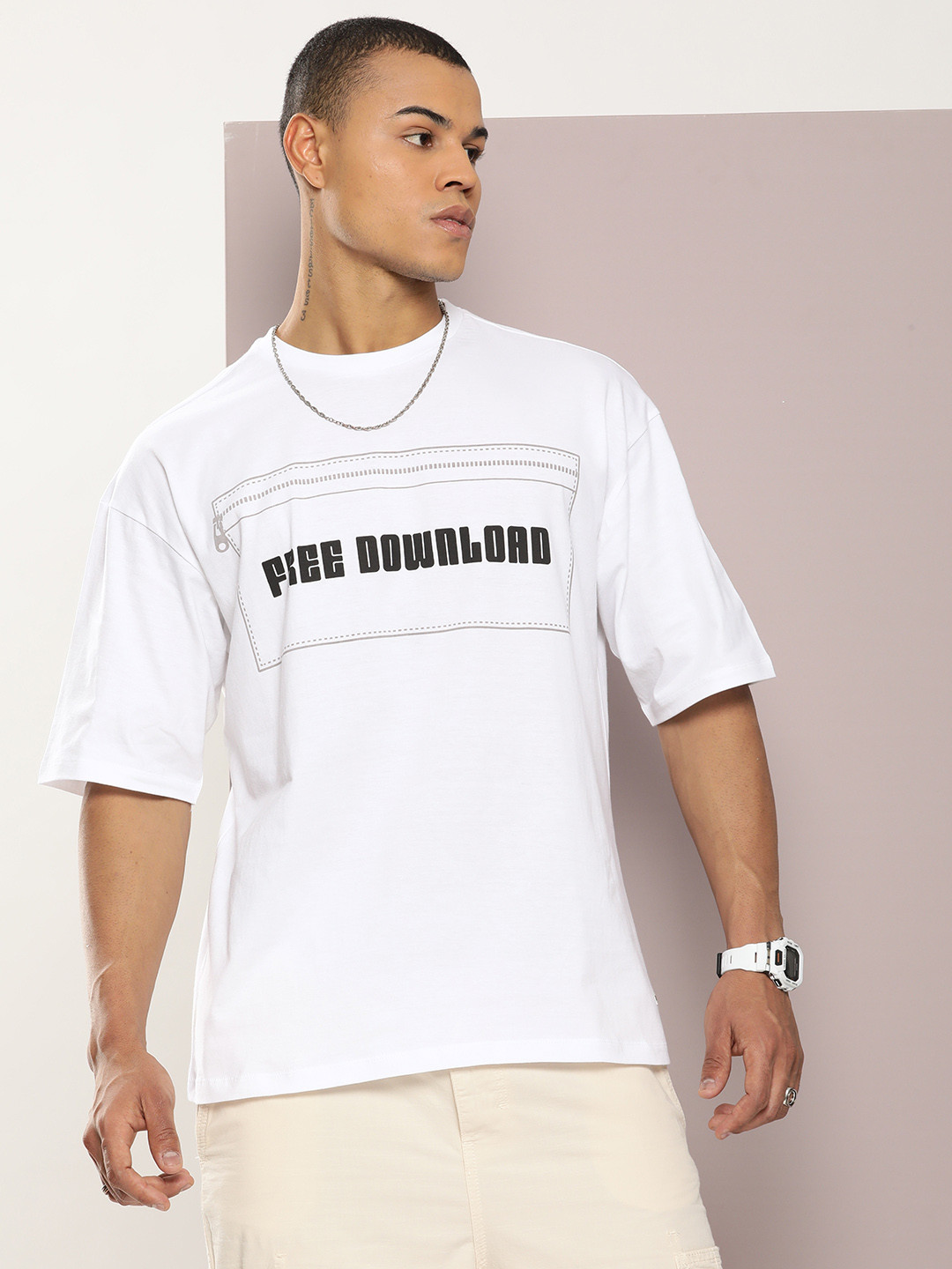 

Kook N Keech Typography Printed Drop-Shoulder Sleeves Oversized Pure Cotton T-shirt, White