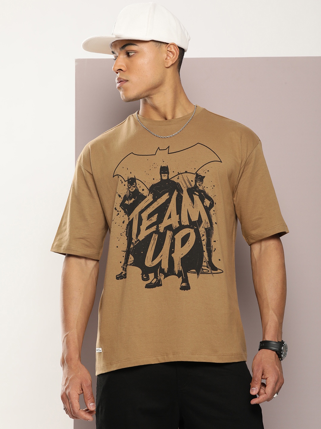 

Kook N Keech Batman Pure Cotton Printed Drop-Shoulder Sleeves Oversized T-shirt, Brown