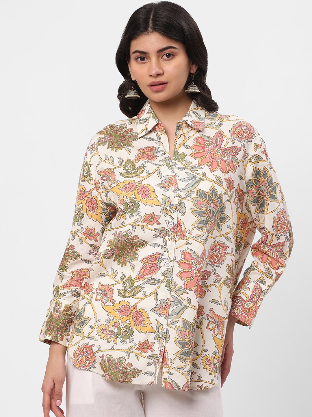 

R&B Floral Printed Shirt Style Top, White