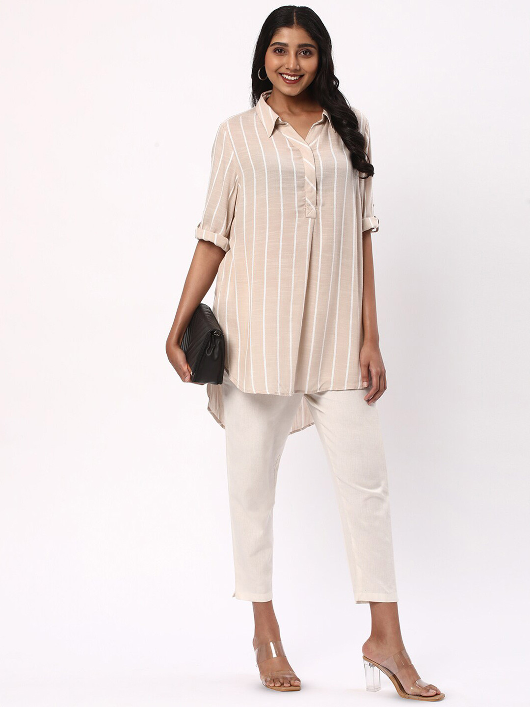

R&B Striped High-Low Shirt Style Top, Beige