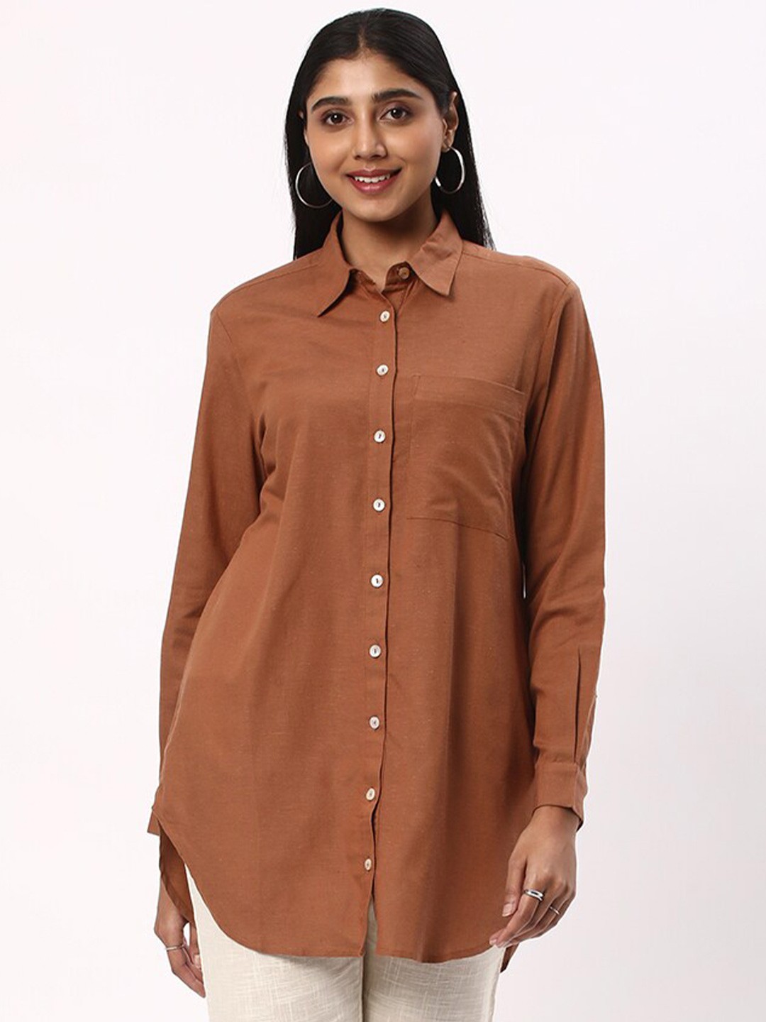 

R&B Spread Collar Longline Casual Shirt, Brown