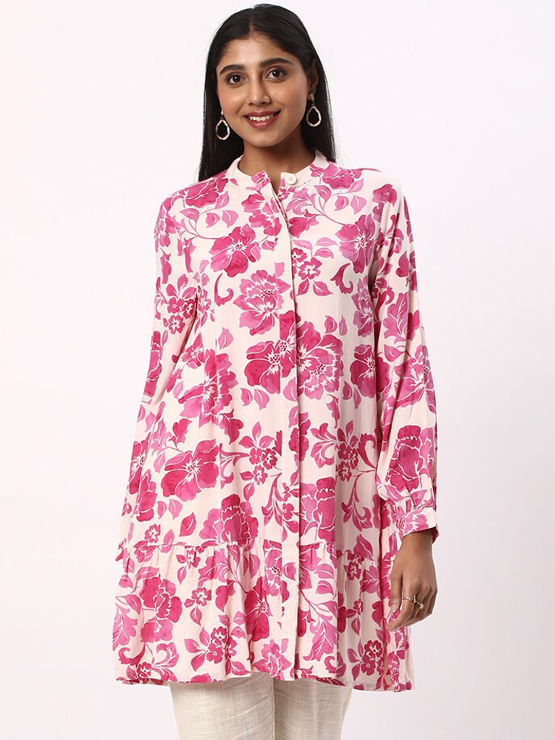 

R&B Floral Printed Mandarin Collar Tunic, Off white