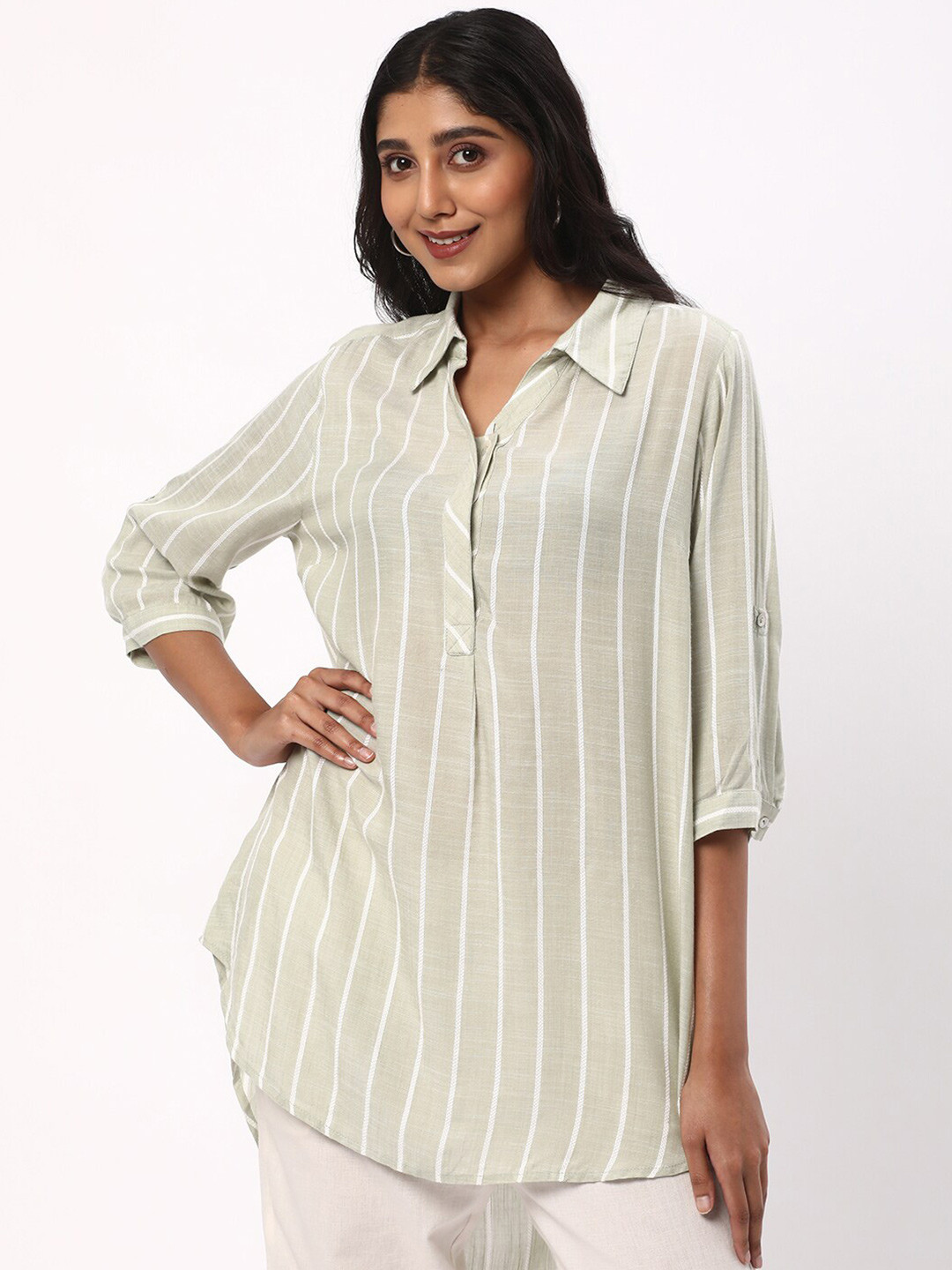 

R&B Striped Spread Collar Shirt Style Top, Green