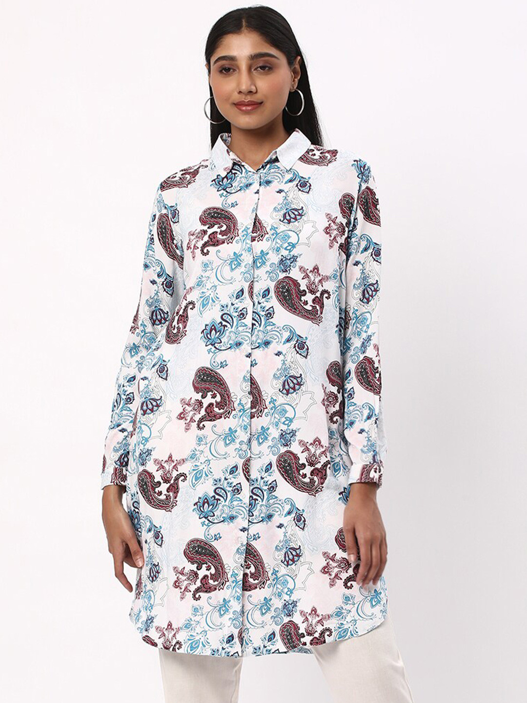 

R&B Floral Print Long Sleeves Shirt Style Top, White