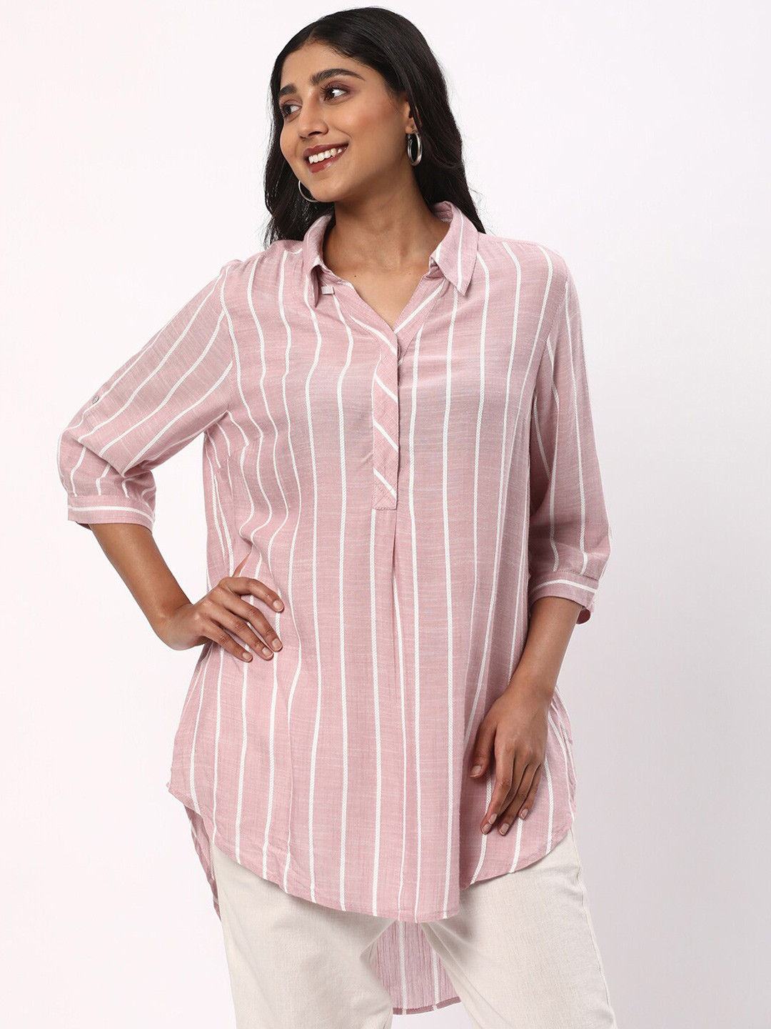 

R&B Striped Shirt Collar Tunic, Pink