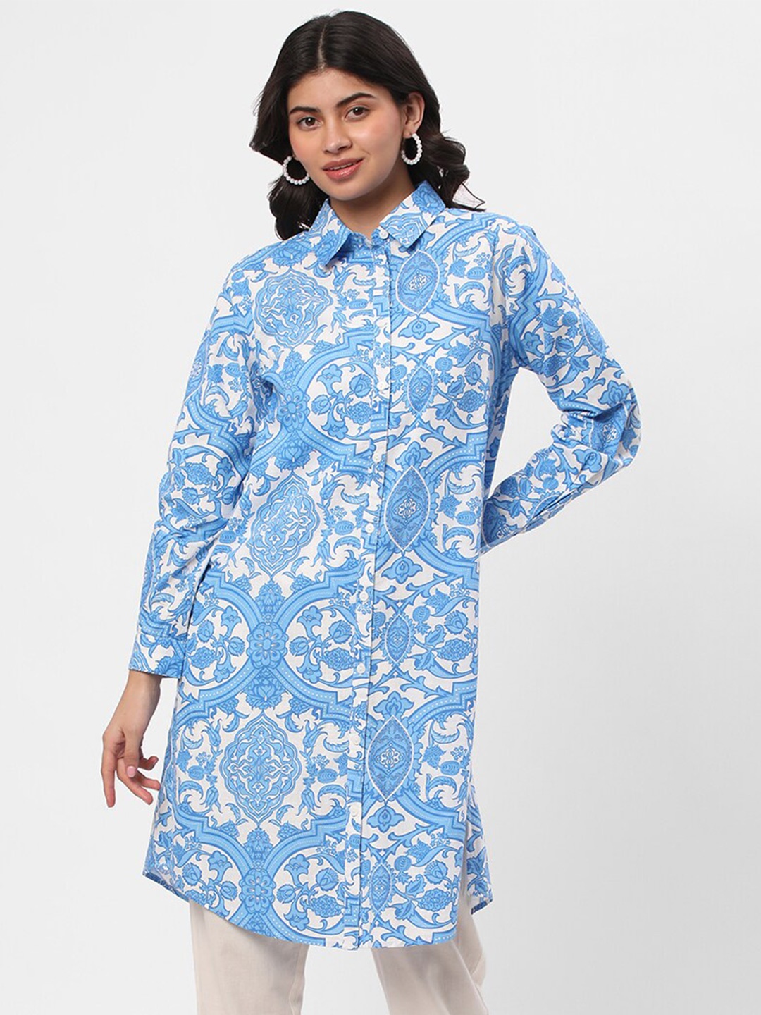 

R&B Floral Printed Shirt Collar Cotton Tunic, White