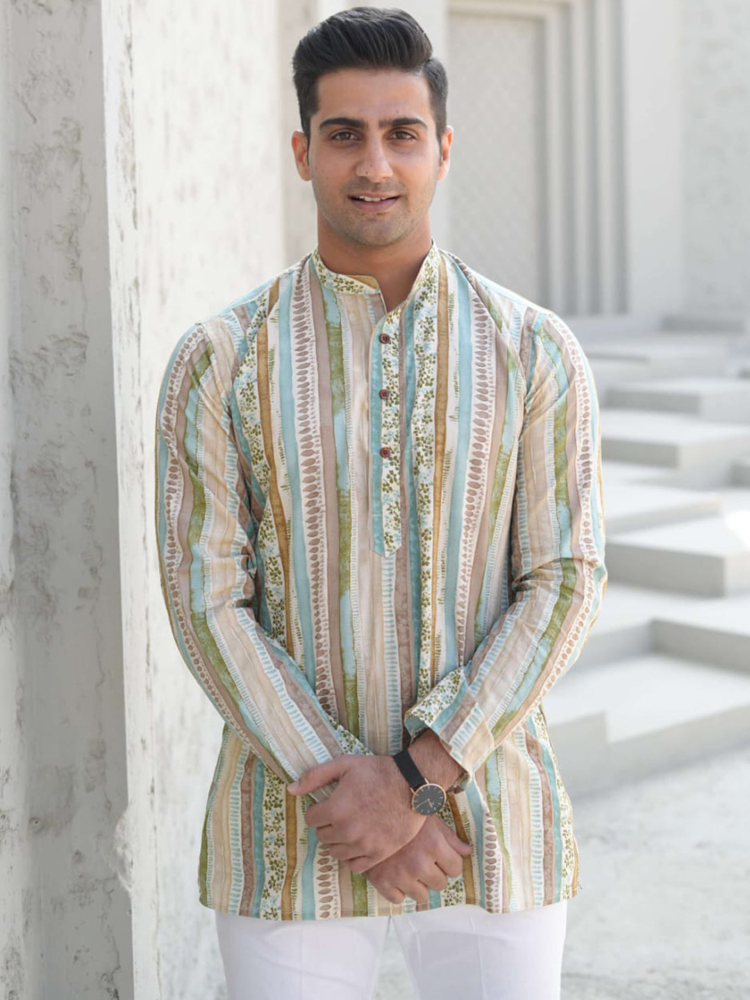 

Shasak Printed Mandarin Collar Cotton Kurta, White