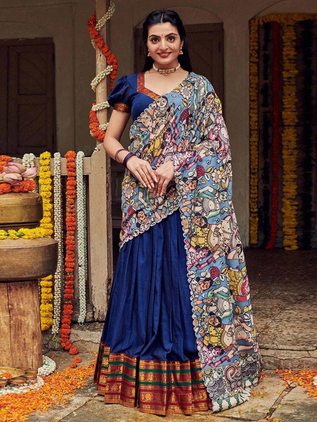 

Mitera Navy Blue Semi-Stitched Lehenga & Unstitched Blouse With Dupatta