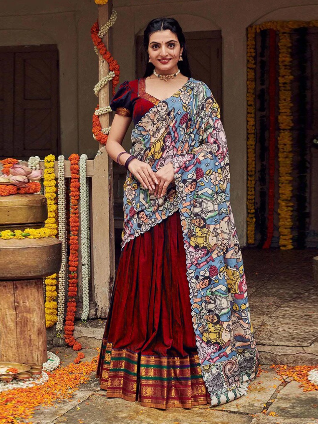 

Mitera Maroon Woven Designed Semi-Stitched Lehenga & Unstitched Blouse With Dupatta