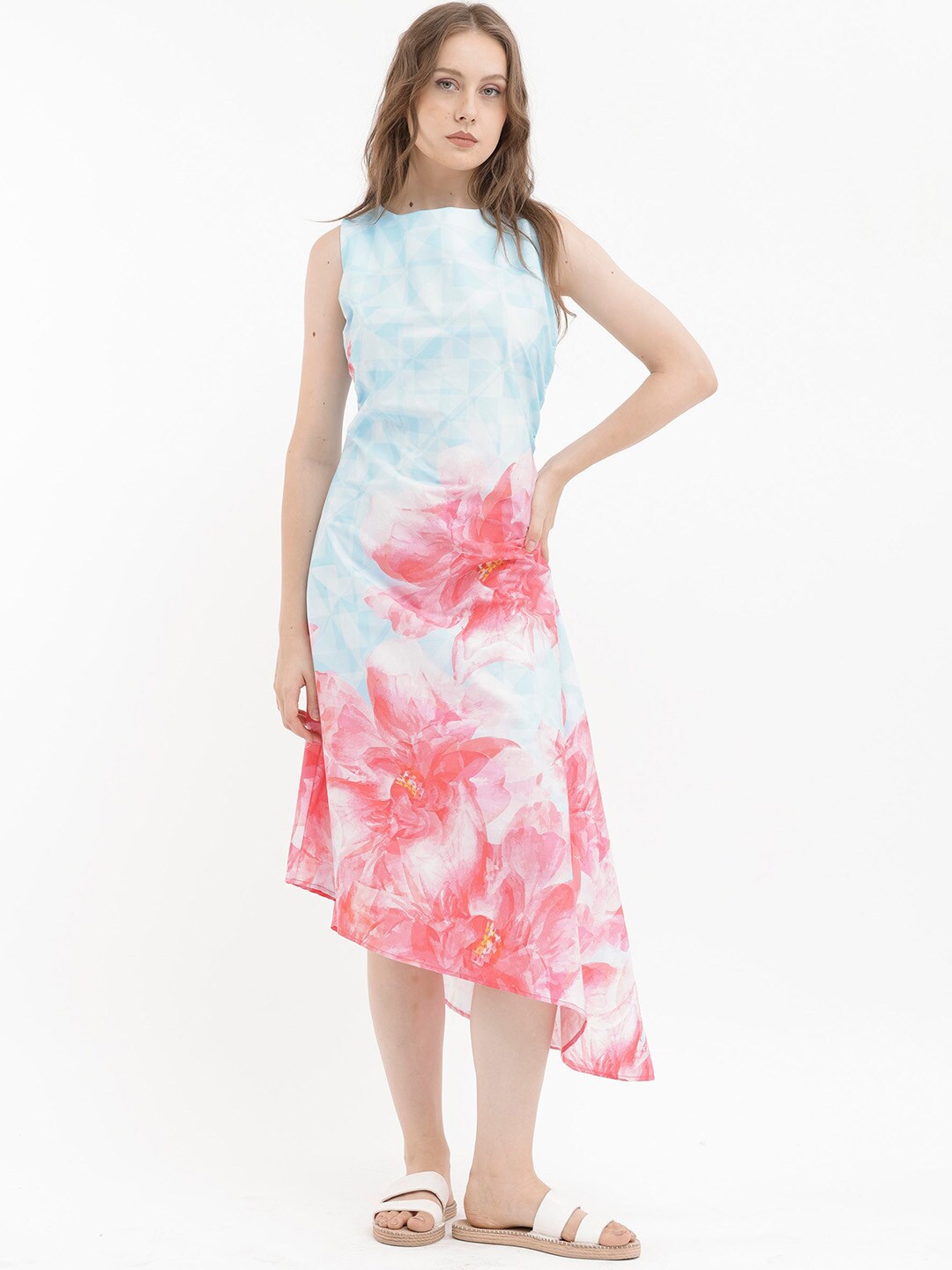 

RAREISM Floral Print Sleeveless A-Line Cotton Midi Dress, Blue