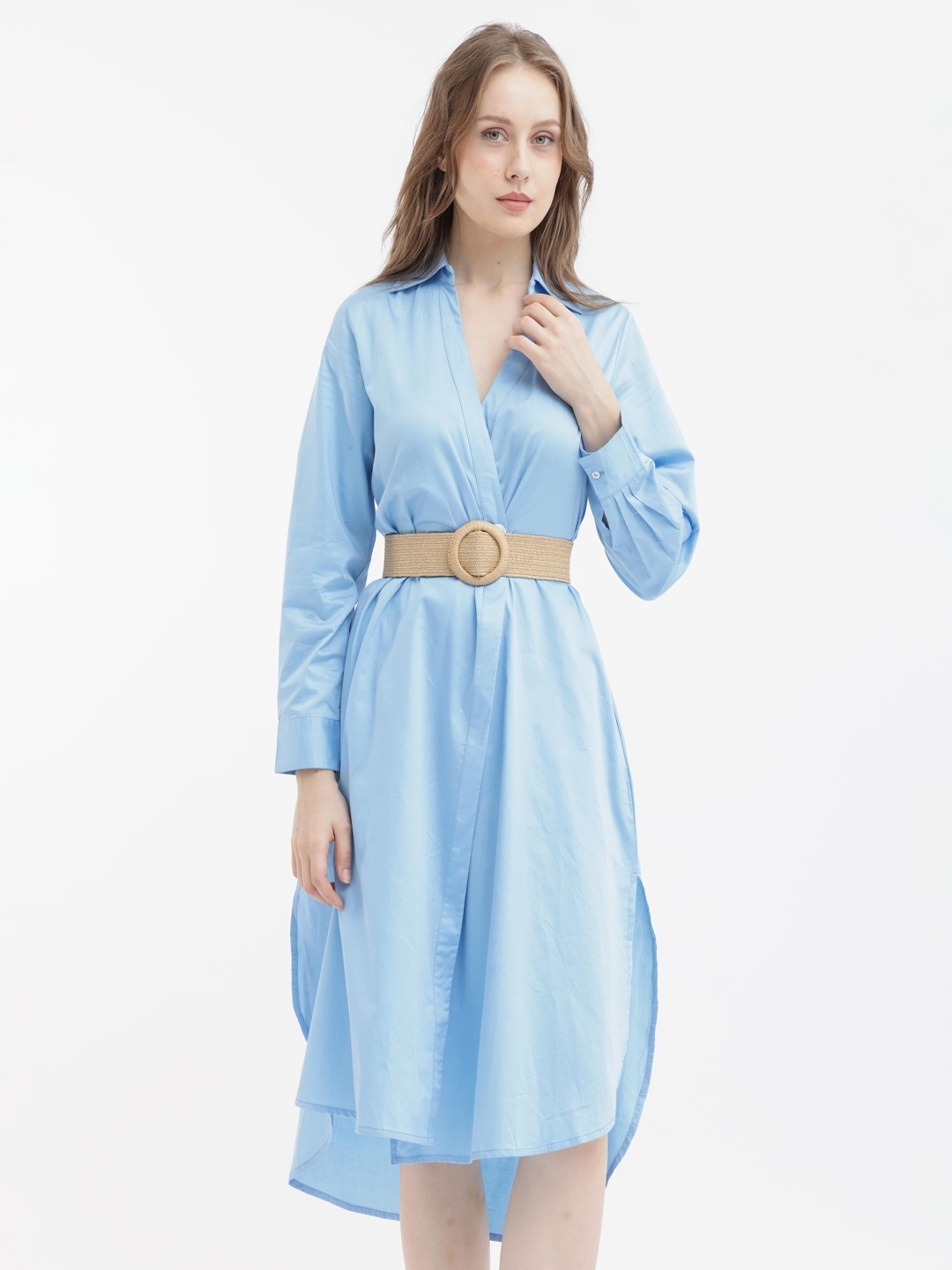 

RAREISM Shirt Collar Long Sleeves Cotton Fit & Flare Dress, Blue