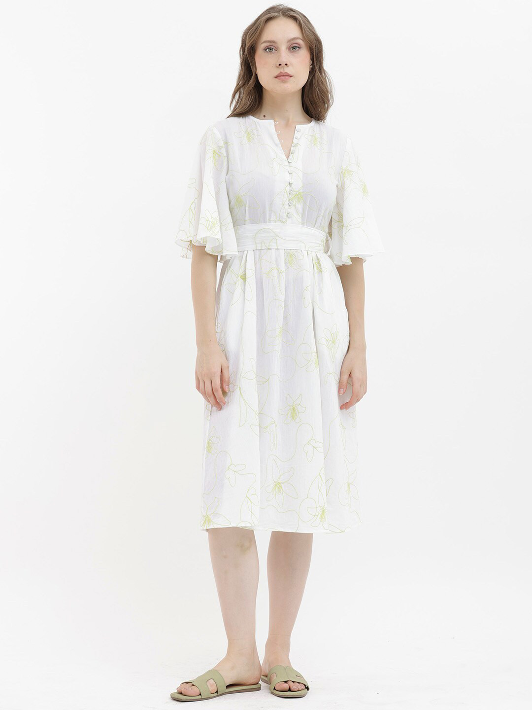 

RAREISM Floral Embroidered Flared Sleeves Cotton Fit & Flare Midi Dress, White