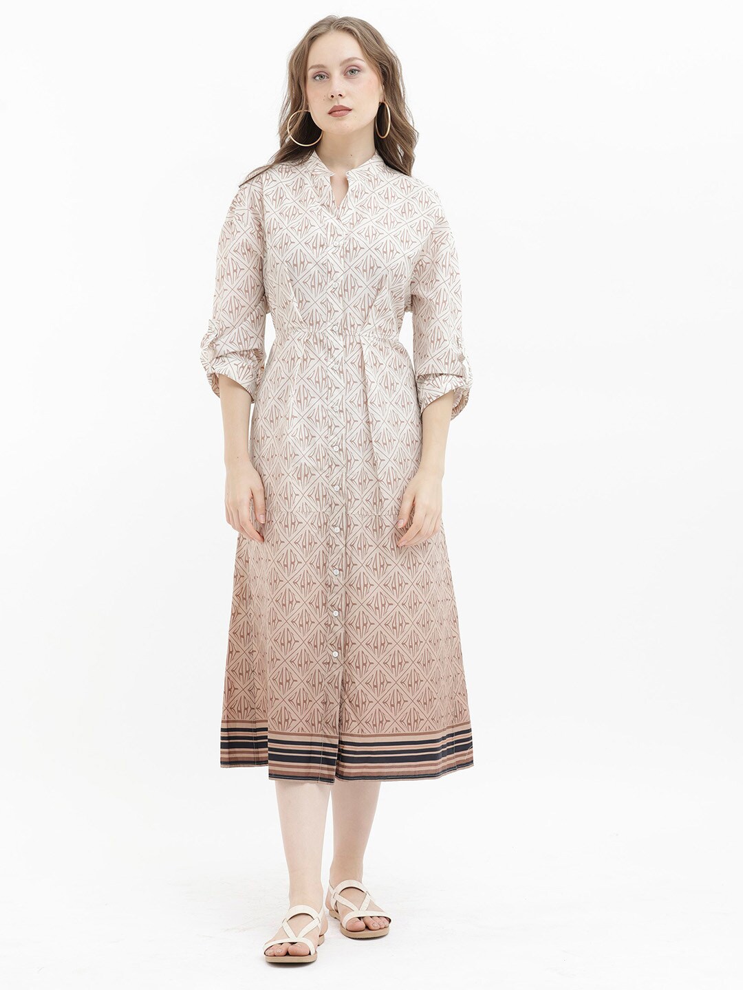 

RAREISM Geometric Print Mandarin Collar Shirt Cotton Midi Dress, Beige