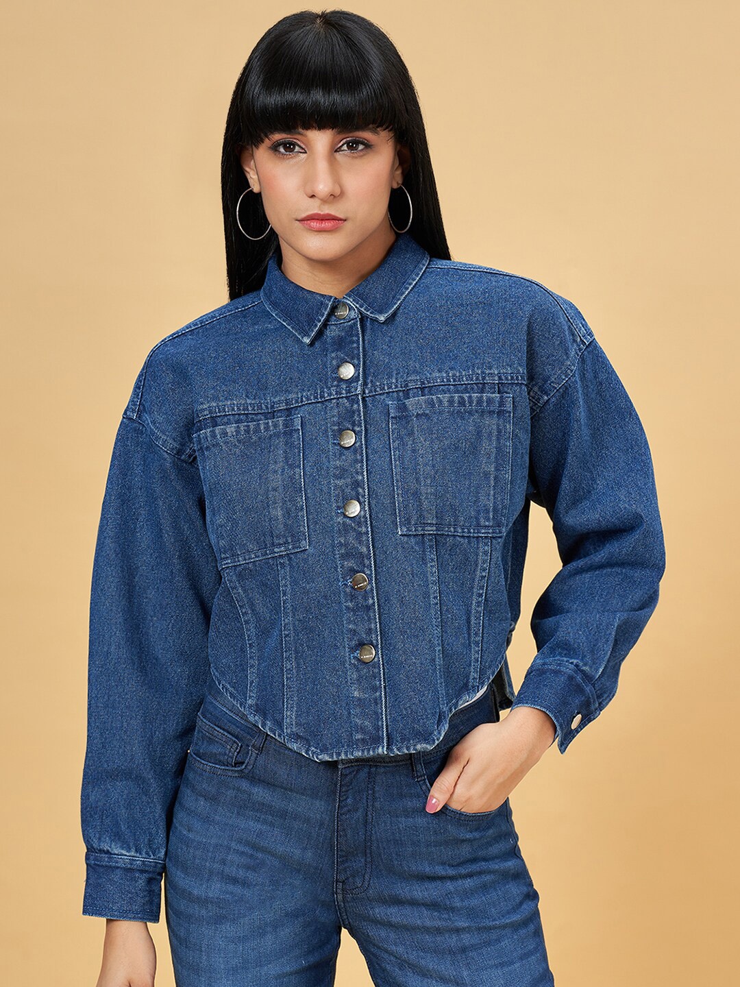 

SF JEANS by Pantaloons Spread Collar Pure Cotton Denim Jacket, Blue