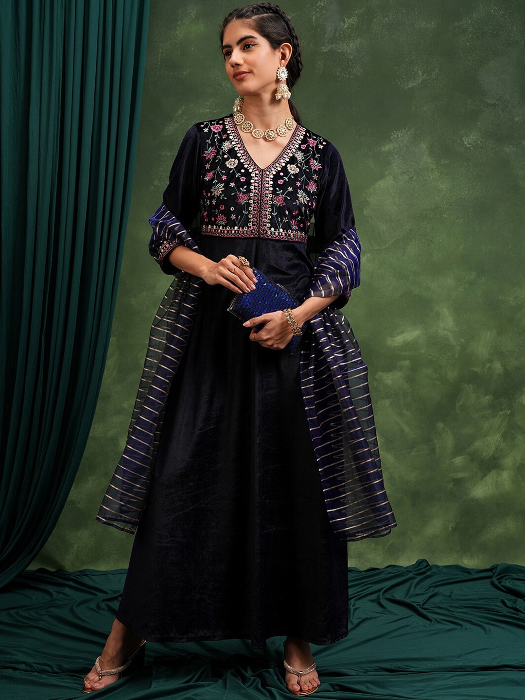 

Vishudh Floral Embroidered V-Neck Maxi Ethnic Dress With Dupatta, Navy blue