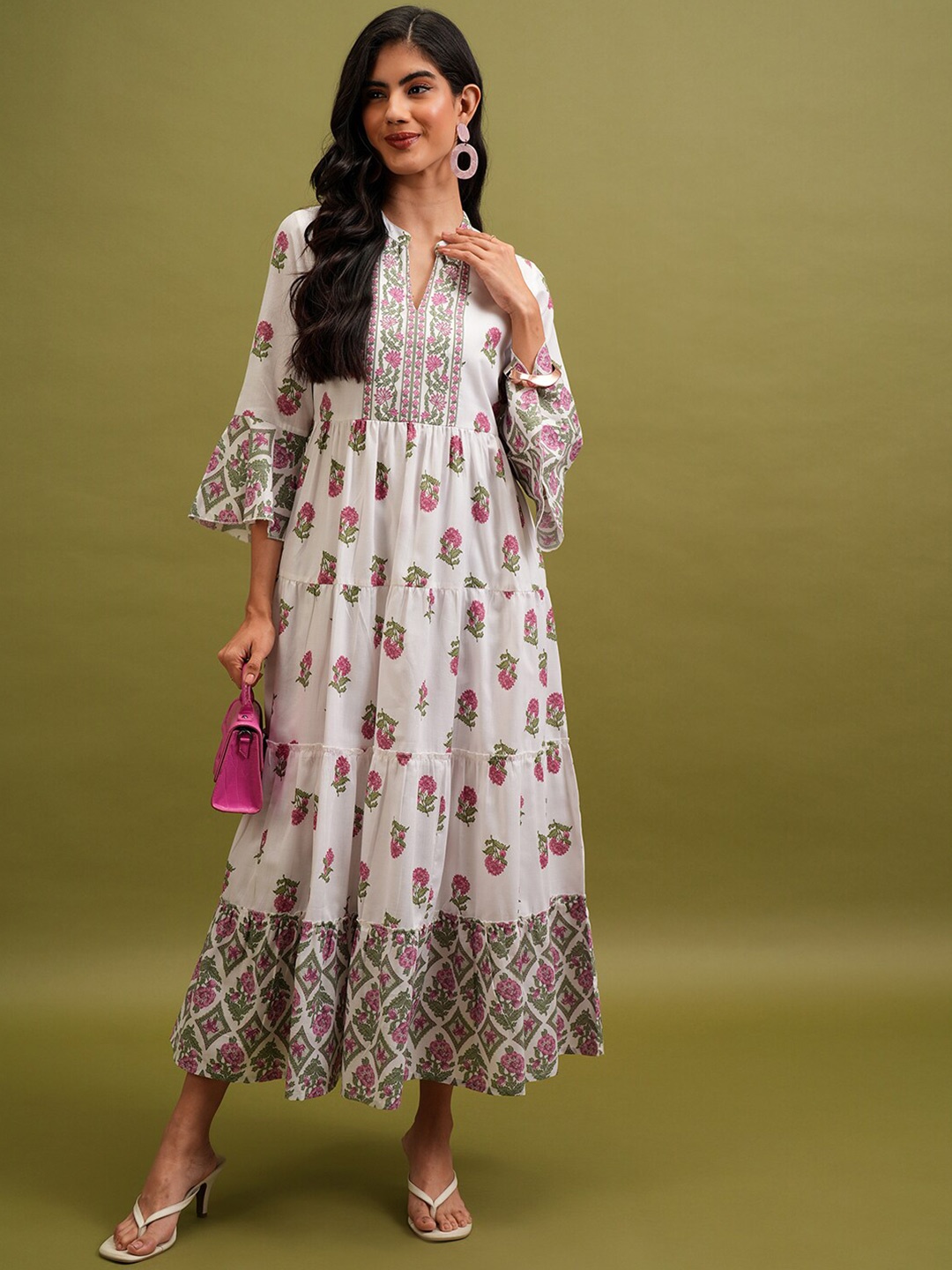 

Vishudh White Floral Printed Mandarin Collar Bell Sleeves Tiered Maxi Dress