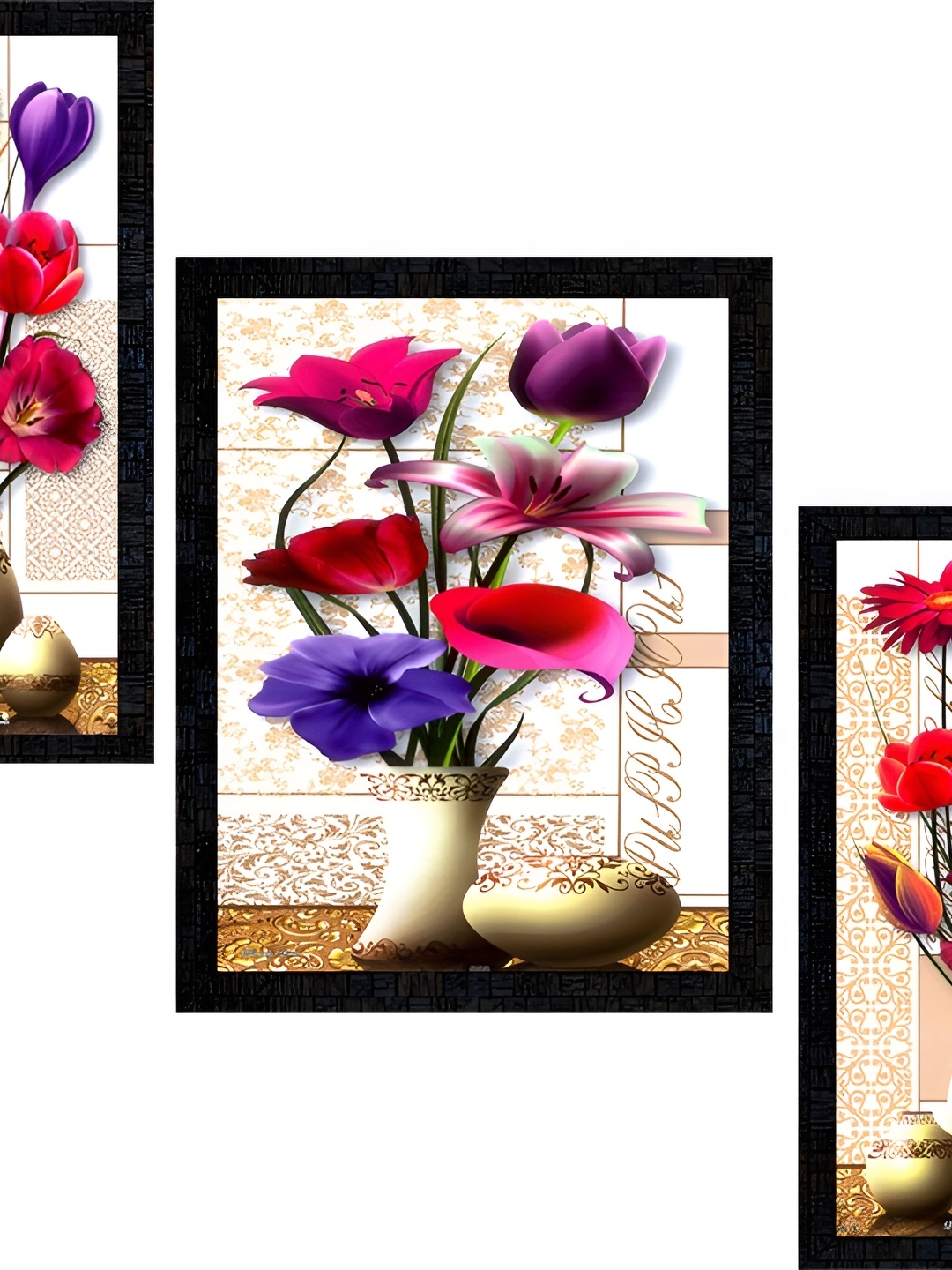 

PnF Charcoal & Pink 3 Pieces Floral Wooden Painting Wall Arts