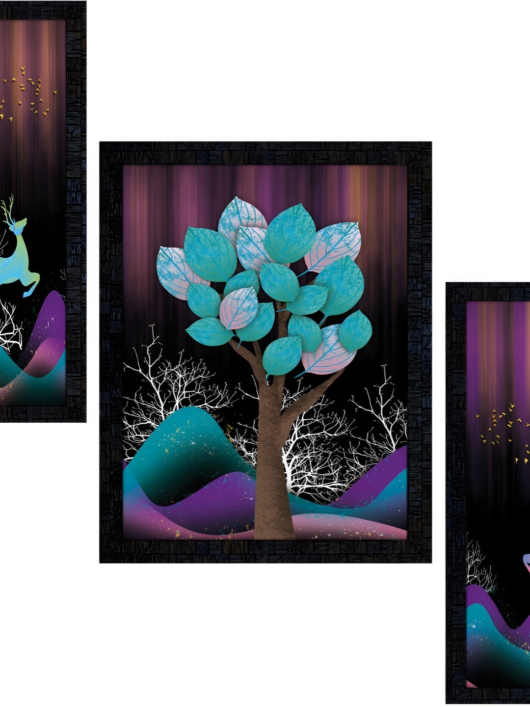 PnF Charcoal & Green 3 Pieces Wooden Floral and Botanical Wall Art