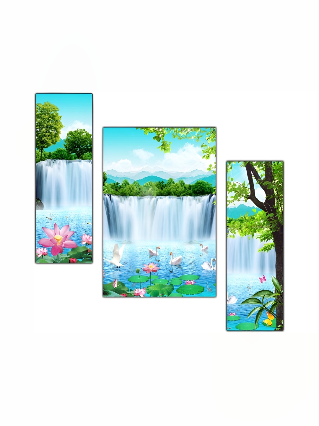 PnF Green & Blue 3 Pieces Wooden Floral and Botanical Painting Wall Art