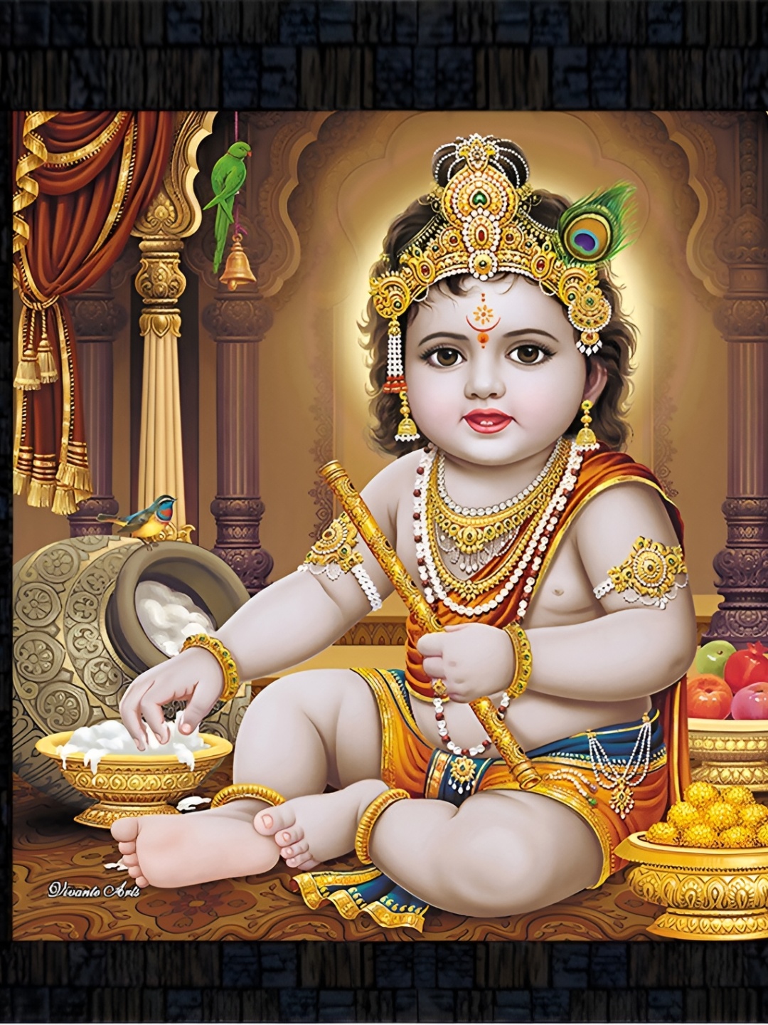 

PnF Black & White Lord Krishna Religious Wooden Painting Wall Art