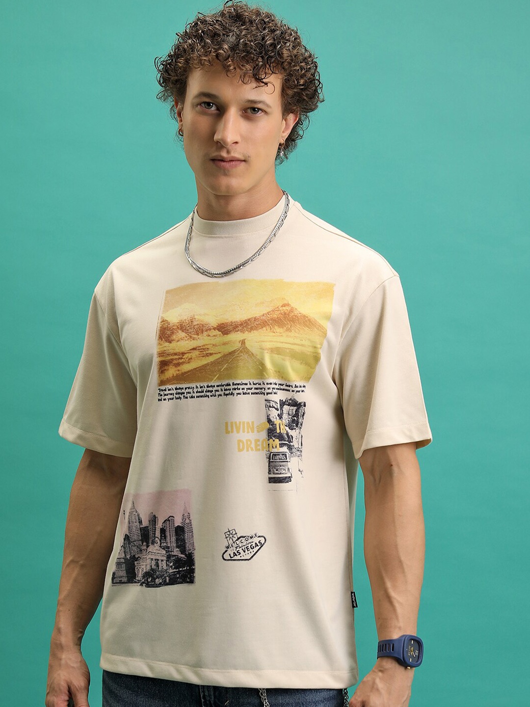 

HIGHLANDER Graphic Printed Round Neck Oversized T-shirt, Cream